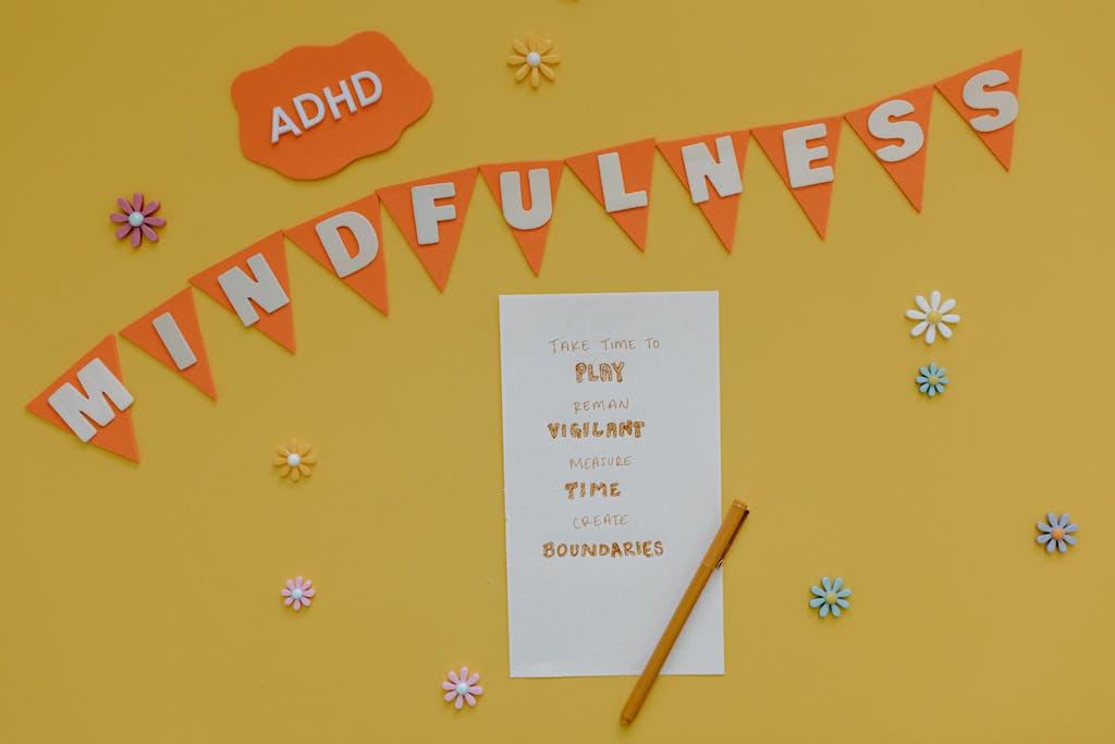 Creative poster promoting ADHD awareness and mindfulness practices.